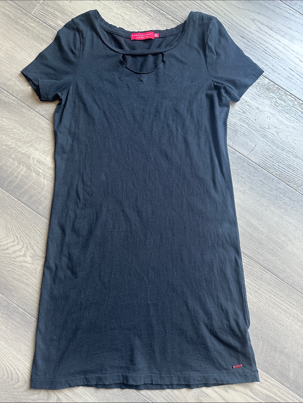 Black Short Sleeve Distressed Mini Dress with Front Cutout
